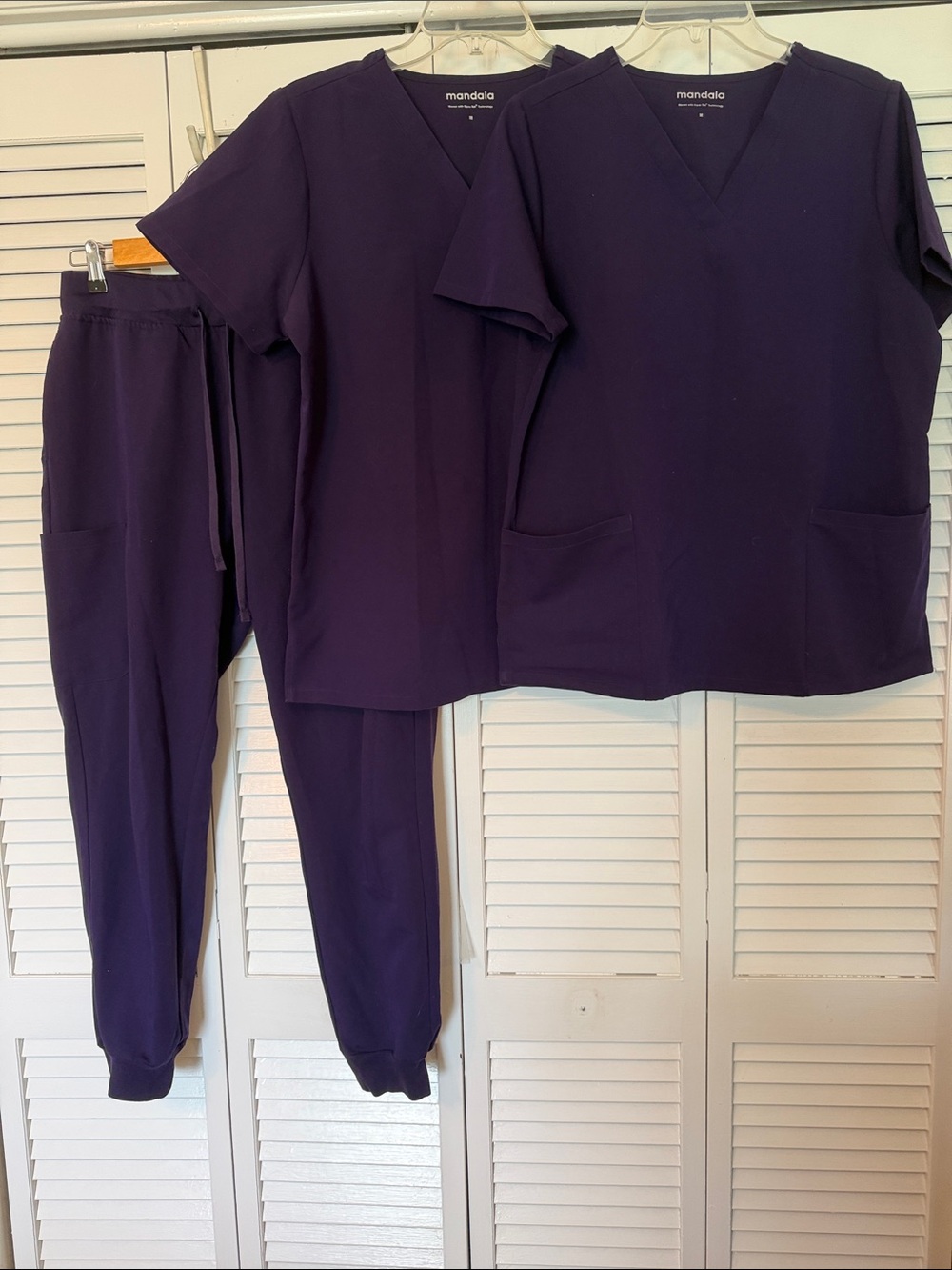 Mandala Women's Purple V-Neck Scrub 2 Top & 1 Jogger Pant Set